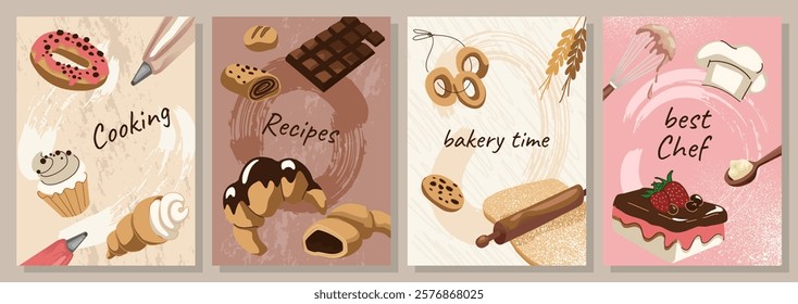 Bakery poster. Croissant, donut and cake. Cooking sweet food. Recipes cover. Confectionary shop design. Minimal contemporary banner. Culinary instruction cartoon flat isolated vector illustration