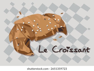 Bakery poster with croissant and French words "Le Croissant". Modern vintage style vector illustration. For kitchen decoration, and cafe wall art. A3 format. Horizontal or landscape aspect ratio.