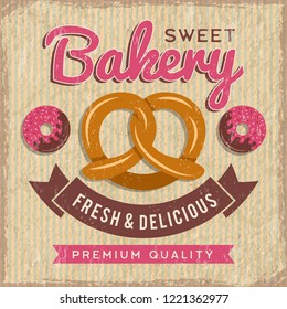 Bakery poster design. Bread and donuts with cupcakes fresh foods vector illustration for vintage placard of bakery shop or market. 
