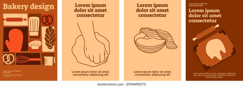 Bakery poster design featuring dough kneading, bread illustrations, minimal line art, and a warm color palette.