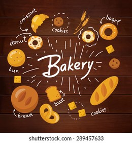 Bakery poster in flat style. Food poster. Food infographic. Wooden textured food poster with chalk written texts. Handwritten calligraphy. 