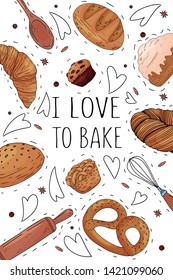 Bakery poster with hand drawn elements and lettering on a white background. Vector icons in black and white sketch style. Hand drawn isolated objects