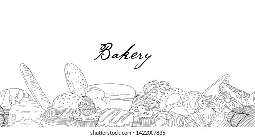 Bakery poster with hand drawn elements and lettering on a white background. Vector icons in black and white sketch style. Hand drawn isolated objects