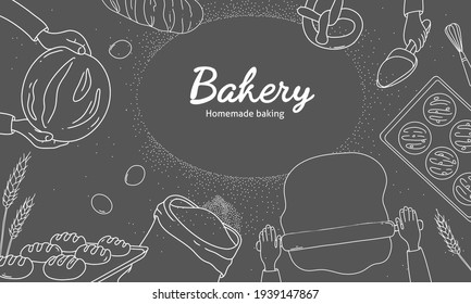 Afiche de panadería. Pan casero. Manos con pan, manos con un alfiler y ingredientes para hacer pan. Ilustración vectorial. Borde blanco sobre un fondo oscuro.