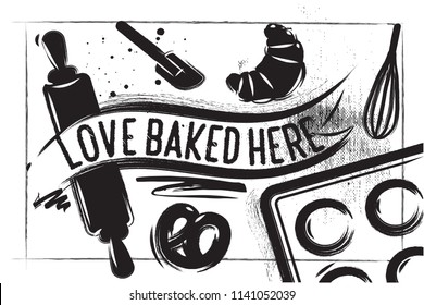 Bakery poster on charcoal background. Chalk Lettering - Love Baked Here. White background