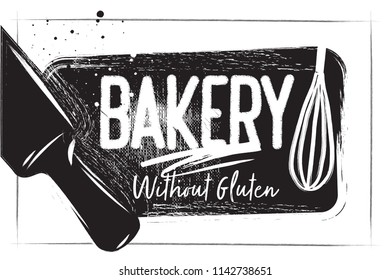 Bakery poster on white background. Rolling pin and Dough with lettering and Bakery Logo