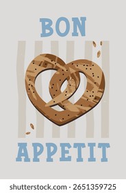 Bakery poster with pretzel and words "Bon Appetit". Modern vintage style vector illustration. For kitchen decoration, and cafe wall art. A3 format. Vertical or portrait aspect ratio.