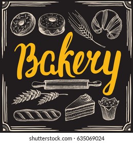 Bakery poster for restaurant and cafe. Design template with hand-drawn graphic elements in doodle style.