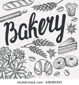Bakery poster for restaurant and cafe. Design template with hand-drawn graphic elements in doodle style.
