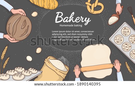 Bakery poster with space for your text. Home-made bread. Hands with bread, hands with a rolling pin and ingredients for making bread. Colorful vector illustration on a black background. Template.