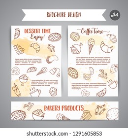 Bakery poster template with pastries. Sweet pastry, cupcakes, dessert cards with chocolate cake, sweets.