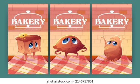 Bakery posters with cute patty and bread loaves characters. Vector vertical banners of bakery shop with cartoon illustration of happy fried pie, bread and bun with butter on table in cafe or store