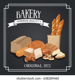 bakery premium quality shop design elements, rye and wheat bread, decorative cereal ribbon banner