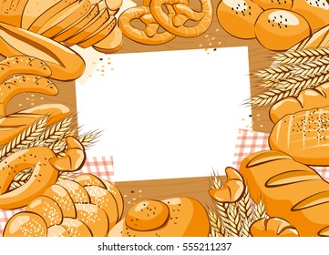 Bakery product background. bread and other pastries top view background. Vector illustration