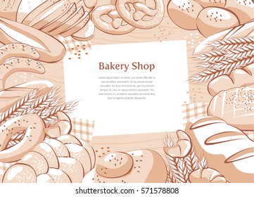 Bakery product background. Bread and other pastries top view background. Vector illustration