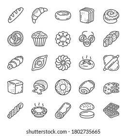 Bakery product, icon set. Baking, pastry food. linear icons. Baked bread. Line with editable stroke