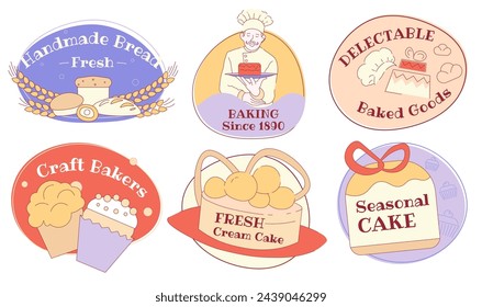 Bakery product promotion sticker set design. Tag collection with delicious hand drawn pastry, vector illustration. Cook man character with fresh baked seasonal cake, craft baker sign at label