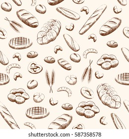 Bakery product seamless pattern. Pattern with bread and other pastries. Draw vector illustration