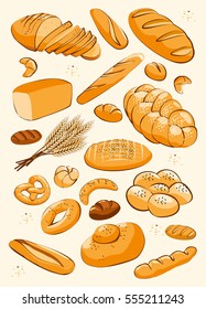 Bakery product set – breads, pretzel, bagel, loaf, french baguette, croissant, bun. Rolls isolated set. Vector illustration