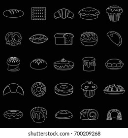 Bakery product set thin line vector illustration for design and web isolated on black background. Bakery product vector object for labels, logos and advertising