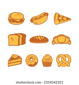 Bakery product simple brown icon set vector isolated on a white background. Salty and sweet pastry icon set vector. Food snack symbol collection on a white background