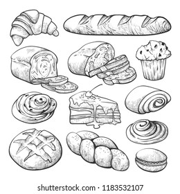 Bakery product sketch, bread and cakes set. Tasty pastries, classic croissants, tarts, cakes. Vector hand drawn illustration on white background