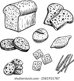 Esboço de produto de padaria, pão e bolos. Ícones de doodle bread desenhados à mão vetorial isolados no fundo branco. Esboço clipart com confeitaria, fatia pão de baguete, brioche, cracker, chocolate