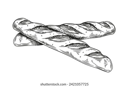 Bakery product sketch. Homemade pastry. Two baguettes. Sticker for social networks. Assortment for bakery and street cafe. Doodle flat vector illustration isolated on white background