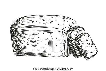 Bakery product sketch. Homemade pastry. Loaf and bun. Graphic element for website. Assortment for bakery and street cafe. Doodle flat vector illustration isolated on white background