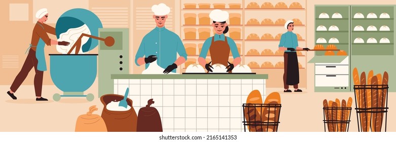 Bakery production colored composition bakery kitchen four bakers make bread and buns vector illustration