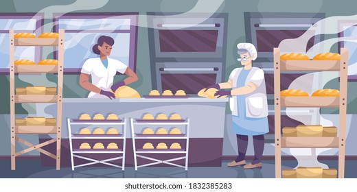 Bakery production composition with view of kitchen with racks and multiple ovens with bakers preparing bread vector illustration