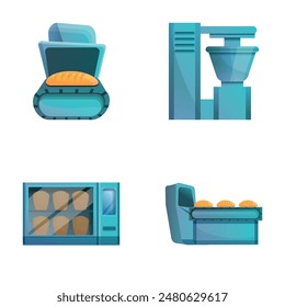 Bakery production icons set cartoon vector. Automated bread production. Modern equipment