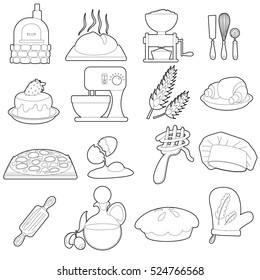 Bakery production icons set. Outline cartoon illustration of 16 bakery production vector icons for web