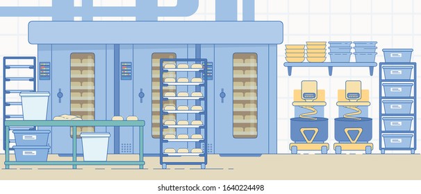 Bakery Production Industry Equipment. Bread and Dough Food Manufacturing Small Family Business or Private Factory. Farmers Agricultural Products Processing Machinery. Flat Cartoon Vector Illustration.