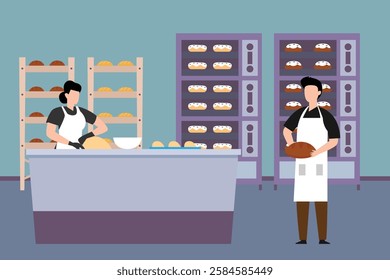 Bakery Production Process - Professional Bakers in Commercial Kitchen 2d flat vector illustrations