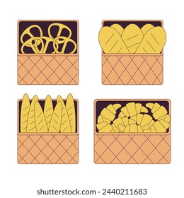 Bakery products 2D linear cartoon objects set. Small food business. Pastry assortment in baskets isolated line vector elements white background. Bread and buns color flat spot illustration collection