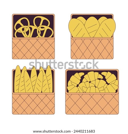 Bakery products 2D linear cartoon objects set. Small food business. Pastry assortment in baskets isolated line vector elements white background. Bread and buns color flat spot illustration collection