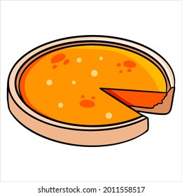 Bakery products. Appetizing pumpkin pie with a cut piece of cake. Cartoon style. Vector illustration for design and decoration.