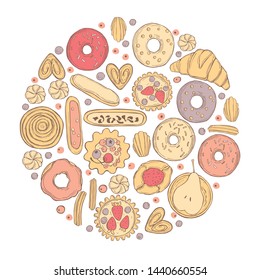 Bakery products background. Cookies, cakes, donuts. Vector sketch  illustration.