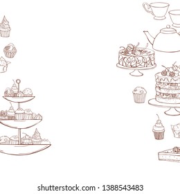 Bakery products background. Teapot, cups and cakes, muffins. Vector sketch  illustration.