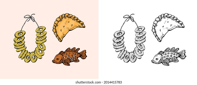 Bakery products. Bagels and biscuits and wheat and fish, sweets and desserts. Engraved hand drawn in old sketch and vintage style for label and menu bakery shop. organic food.