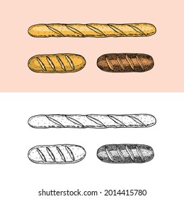 Bakery products. Baguettes and bread, pie and cake. Engraved hand drawn in old sketch and vintage style for label and menu bakery shop. .