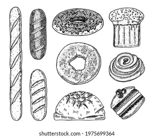 Bakery products. Baguettes and donuts, cake and bread, pie and cake. Engraved hand drawn in old sketch and vintage style for label and menu bakery shop. .
