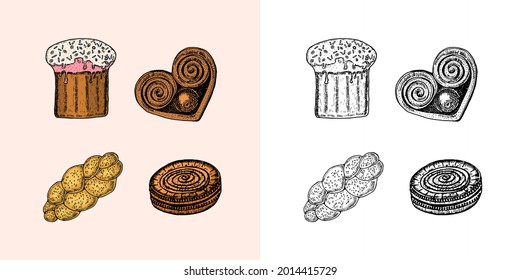 Bakery products. Baguettes and donuts, cake and bread, pie and cake. Engraved hand drawn in old sketch and vintage style for label and menu bakery shop. .