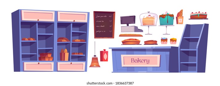 Bakery products and bake house interior stuff, confectionery shop. Wooden shelves with sweets, cakes, cupcake on trays and fresh bread. Chalkboard menu, cashier desk, lamp cartoon vector icons set
