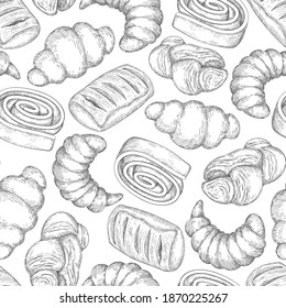 Bakery products. Baking food isolated illustration. Hand drawn buns doodle seamless pattern. Background of pencil chalk drawing sketches. Graphics, shading, line art.