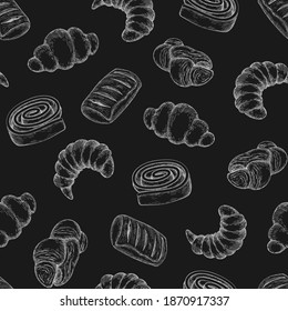 Bakery products. Baking food isolated illustration. Hand drawn buns doodle seamless pattern. Background of pencil chalk drawing sketches. Graphics, shading, line art.