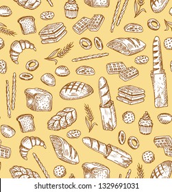 Bakery products, baking print. Pastry seamless pattern. Cute kitchen background