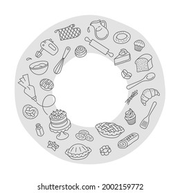 Bakery products and baking tools linear label. Round sticker. Thin line icons of baked goods and cooking utensils. Hand drawn doodle style. Package design element. Cafe or pastry shop logo element