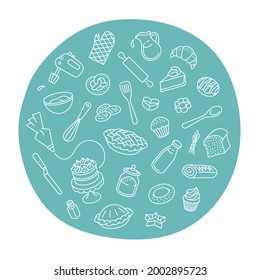 Bakery products and baking tools linear label. Round sticker with thin line icons of different baked goods and cooking utensils. Hand drawn doodle style. Package design decoration element